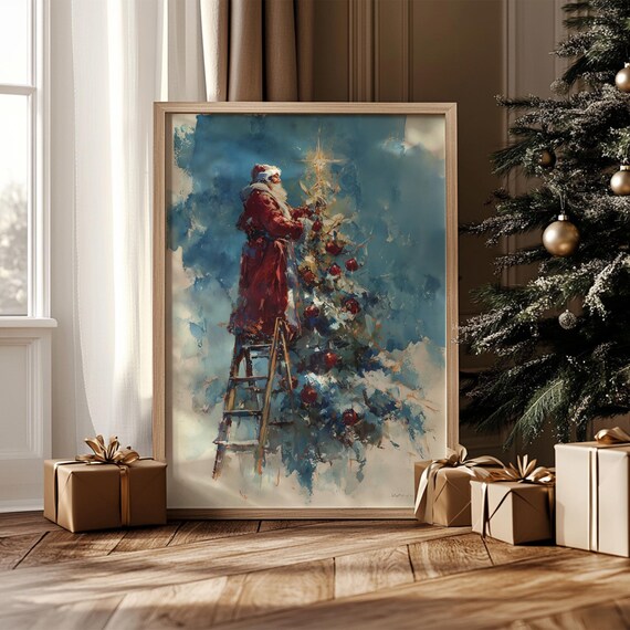 Vintage Santa Claus Decorating Christmas Tree Watercolor Poster