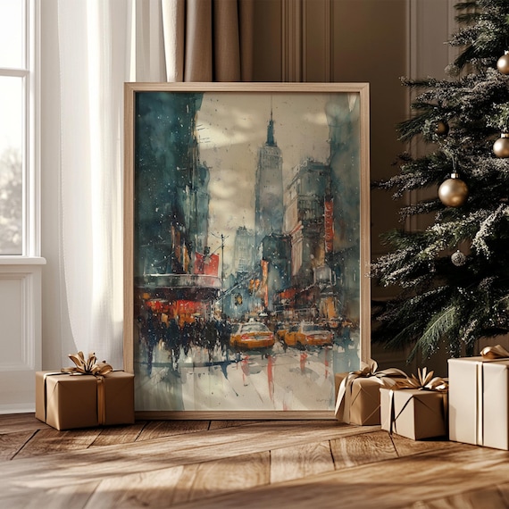New York City Winter Taxis Empire State Snowy Watercolor Art Poster