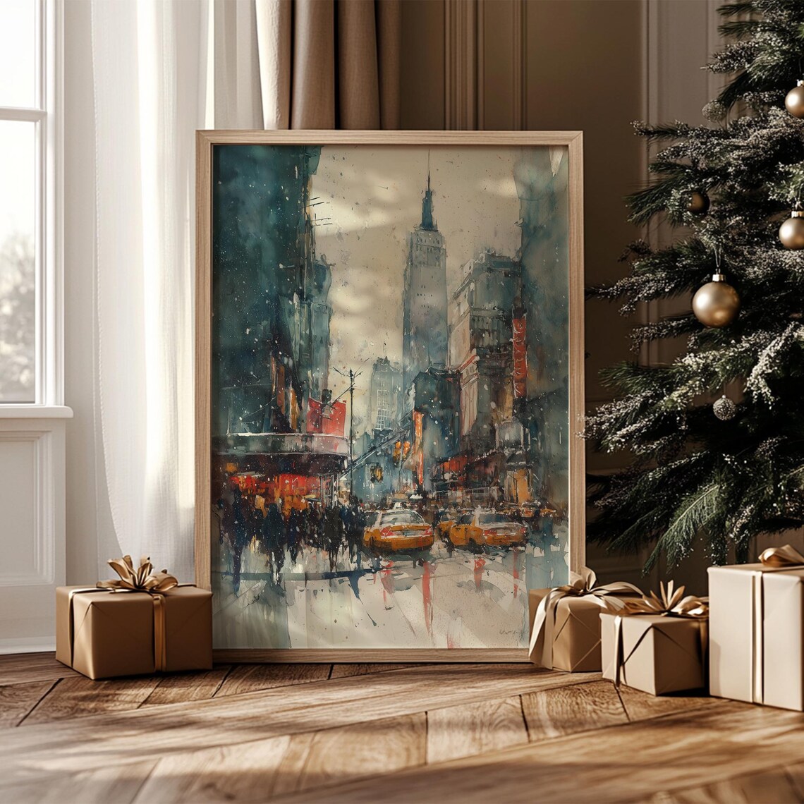 New York City Winter Taxis Empire State Snowy Watercolor Art Poster