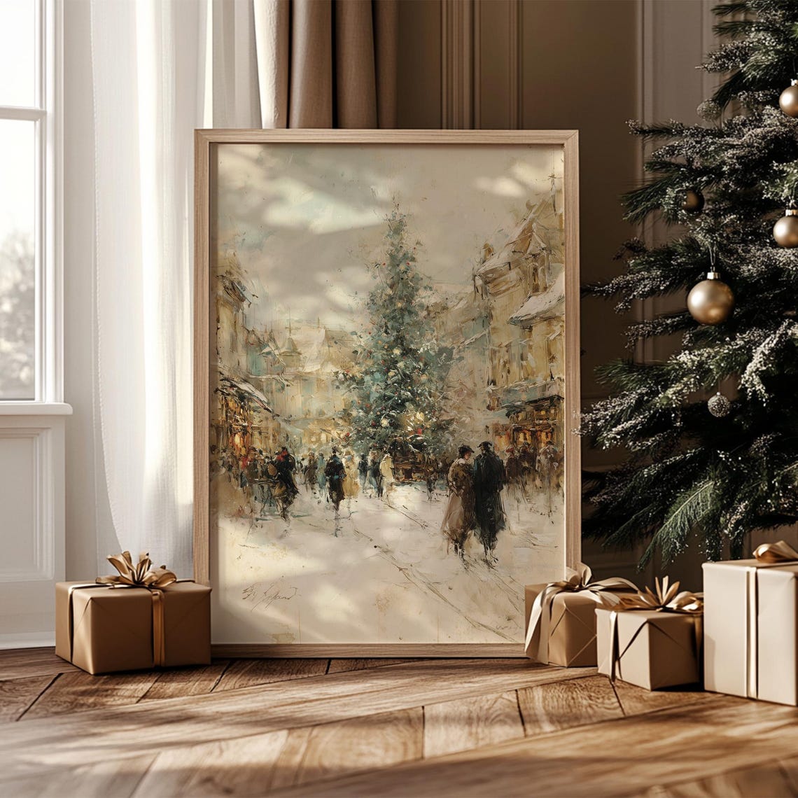 Vintage Christmas Street Tree Shoppers Impressionist Winter Poster