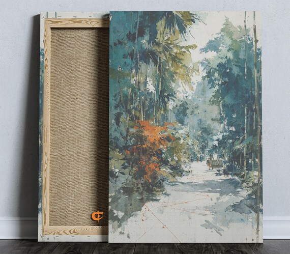 Bamboo Pathway Wall Art Lush Watercolor Landscape Rustic Nature Decor Serene Walkway Scene Exotic Botanical Painting 859