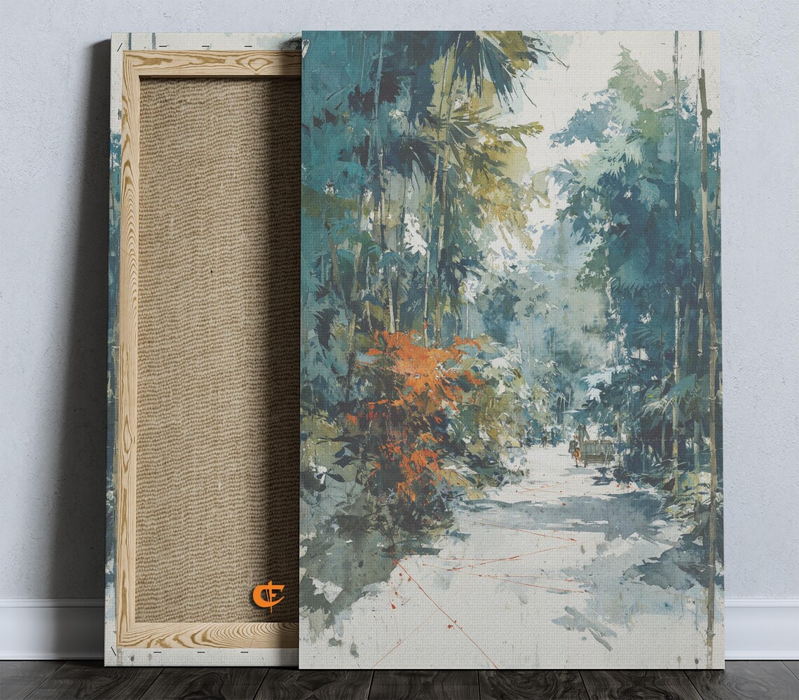 Serene Bamboo Pathway Watercolor with Sunlit Tropical Trail Print