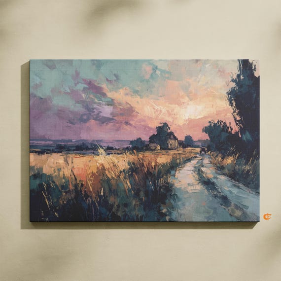Rustic Sunset Landscape Painting Earthy Country Road Scene Inspired By Camille Pissarro Pastel Sky Wall Art Decor 711