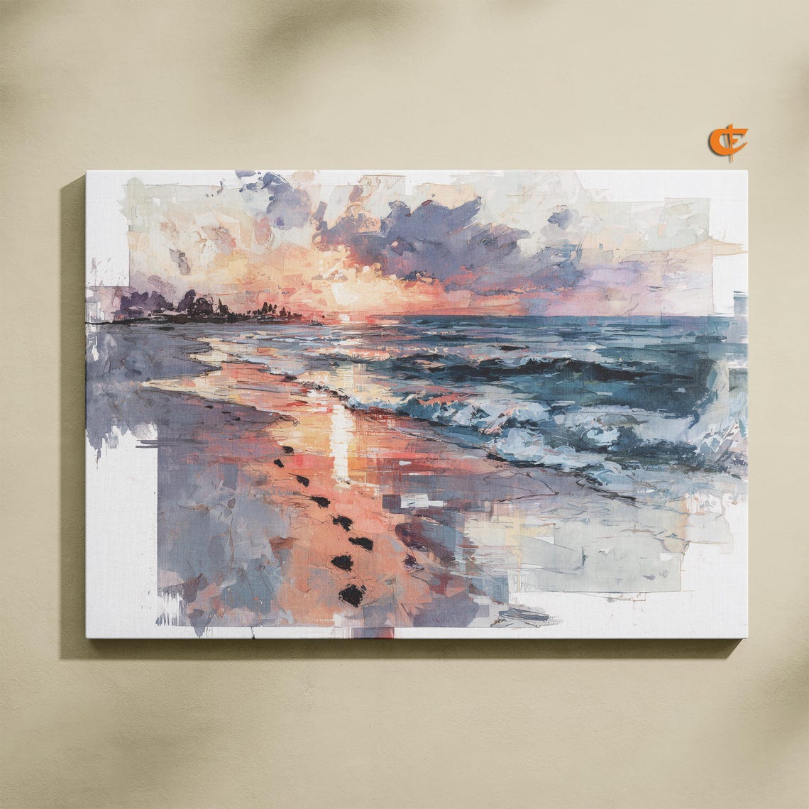 Loose Watercolor Coastal Sunset Footprints on Wet Sand Poster