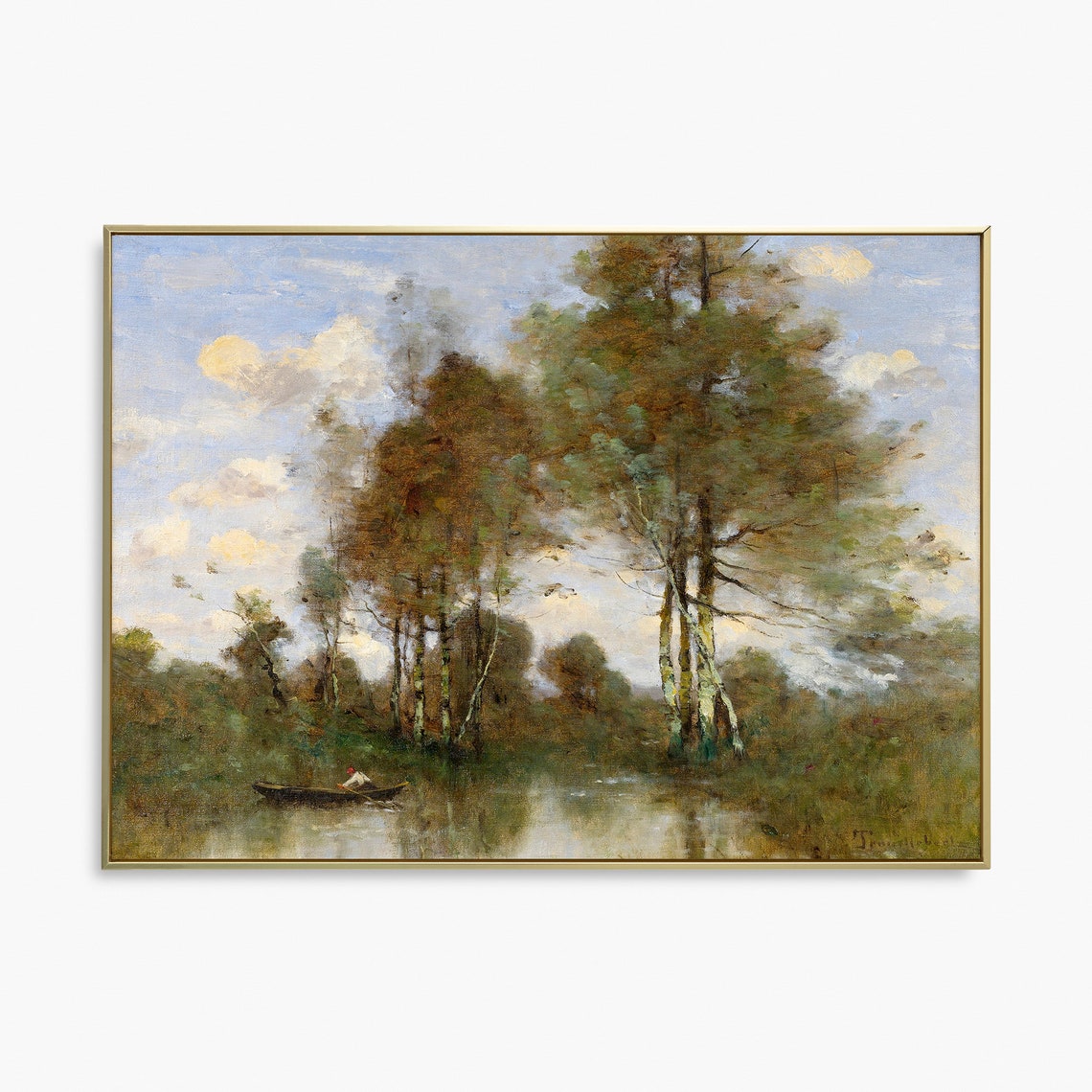 Vintage Oil Painting Poplar Pond Rowboat Blue Sky Clouds Art Poster