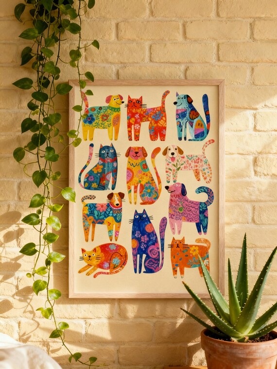 Colorful Cat And Dog Wall Art Print Whimsical Animal Poster Bright Pet Lover Gift Playful Boho Home Decor Fun Kids Room