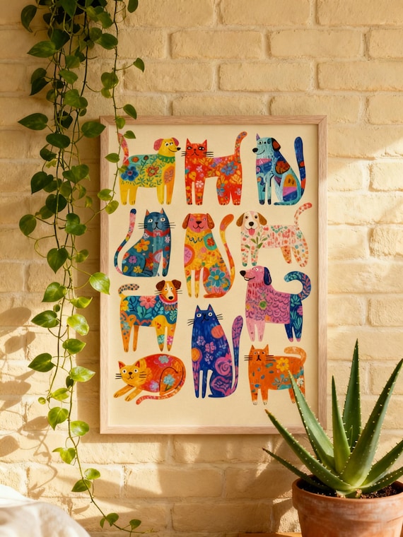 Colorful Folk Art Cats And Dogs Floral Pattern Whimsical Decor Poster