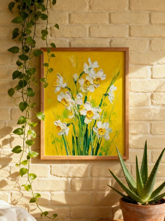 Yellow Daffodil Art Print, Floral Oil Painting