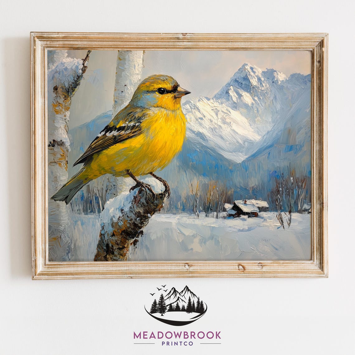Siskin On Frosted Birch Branch Snowy Mountain Peak Winter Poster