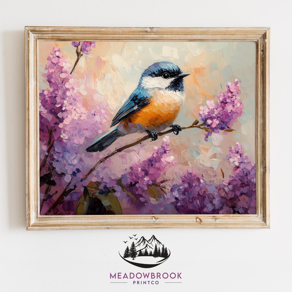 Colorful Songbird Perched Among Purple Lilac Blooms Spring Art Poster