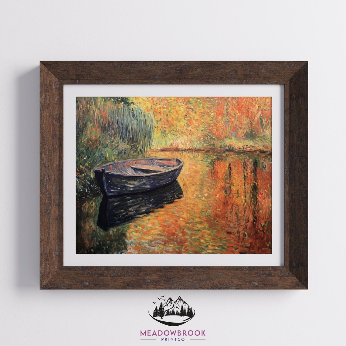 Small Boat Resting On Autumn Waters Serene Fall Trees Reflecting On Lake Rustic Earthy Decor Moody Fall Landscape Wall Art Print 93 - Image 2