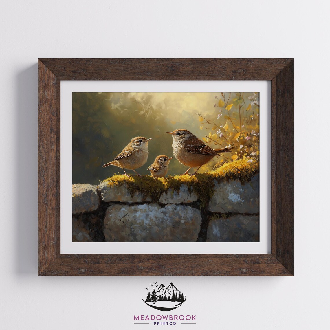 Three Wrens On A Mossy Stone Wall Vintage Bird Nature Art Poster - Image 2