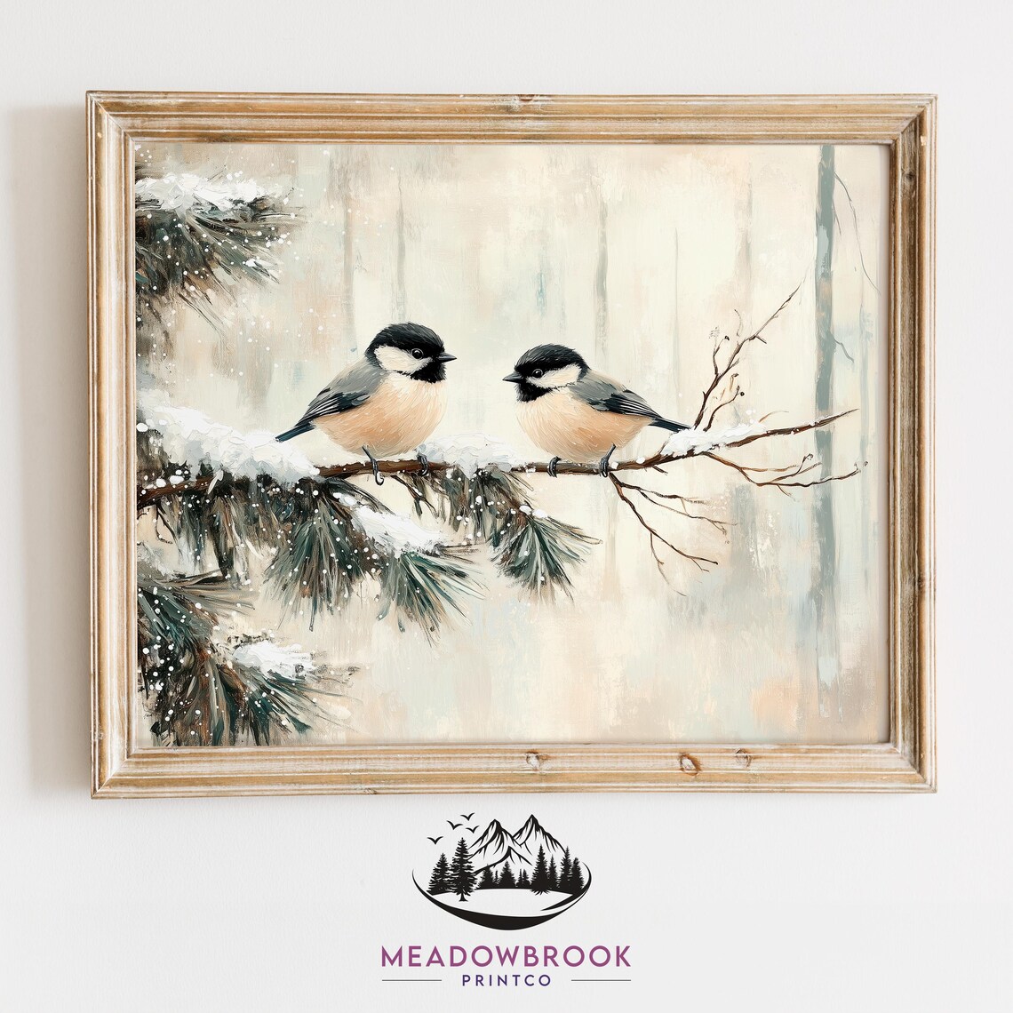 Family Of Chickadees, Vintage Christmas Art Print