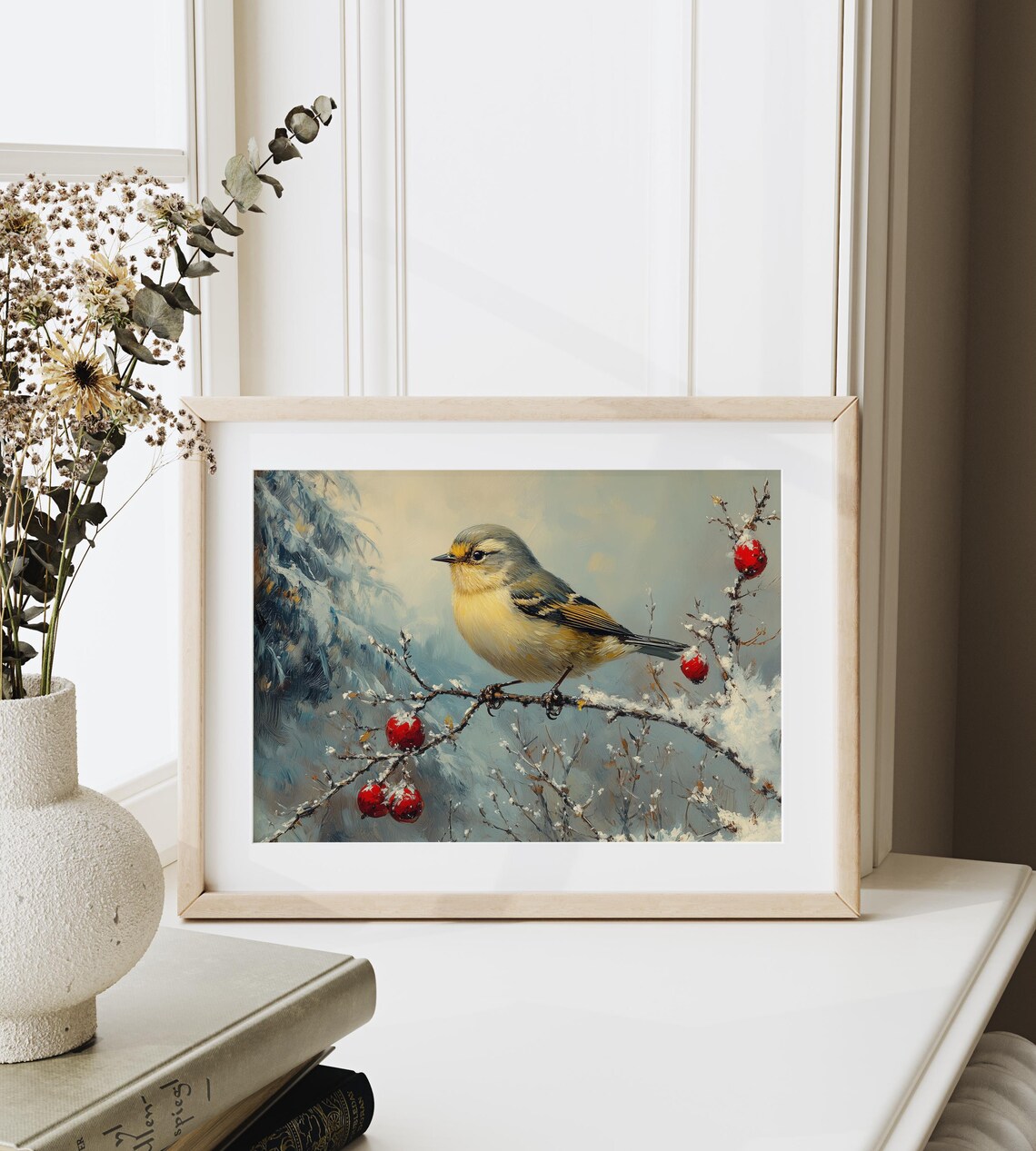 Little Goldfinch On Snowy Branch With Red Crabapples Winter Art Poster - Image 3