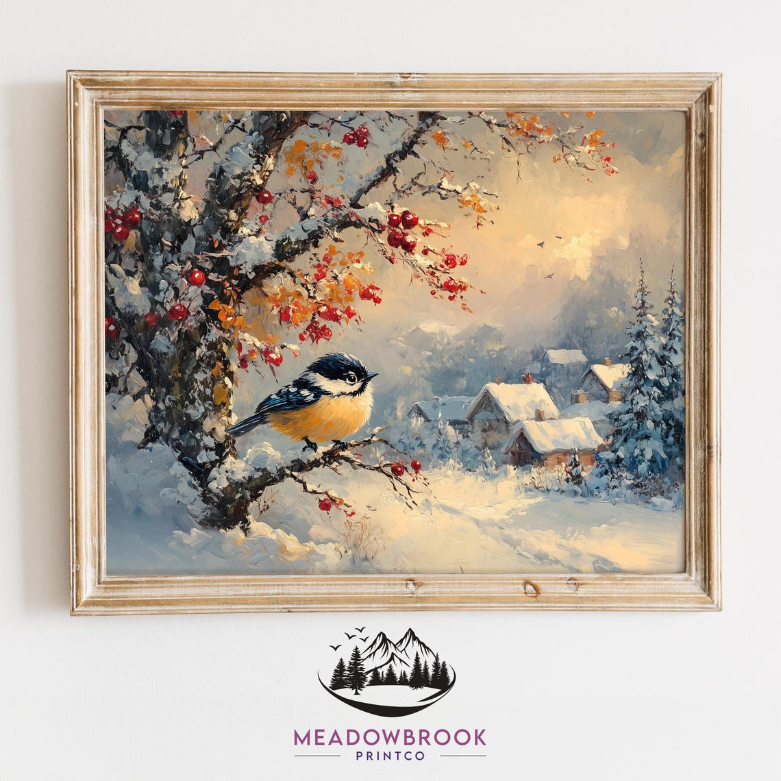 Chickadee On Snowy Berry Branch By Cozy Winter Village Scene Poster