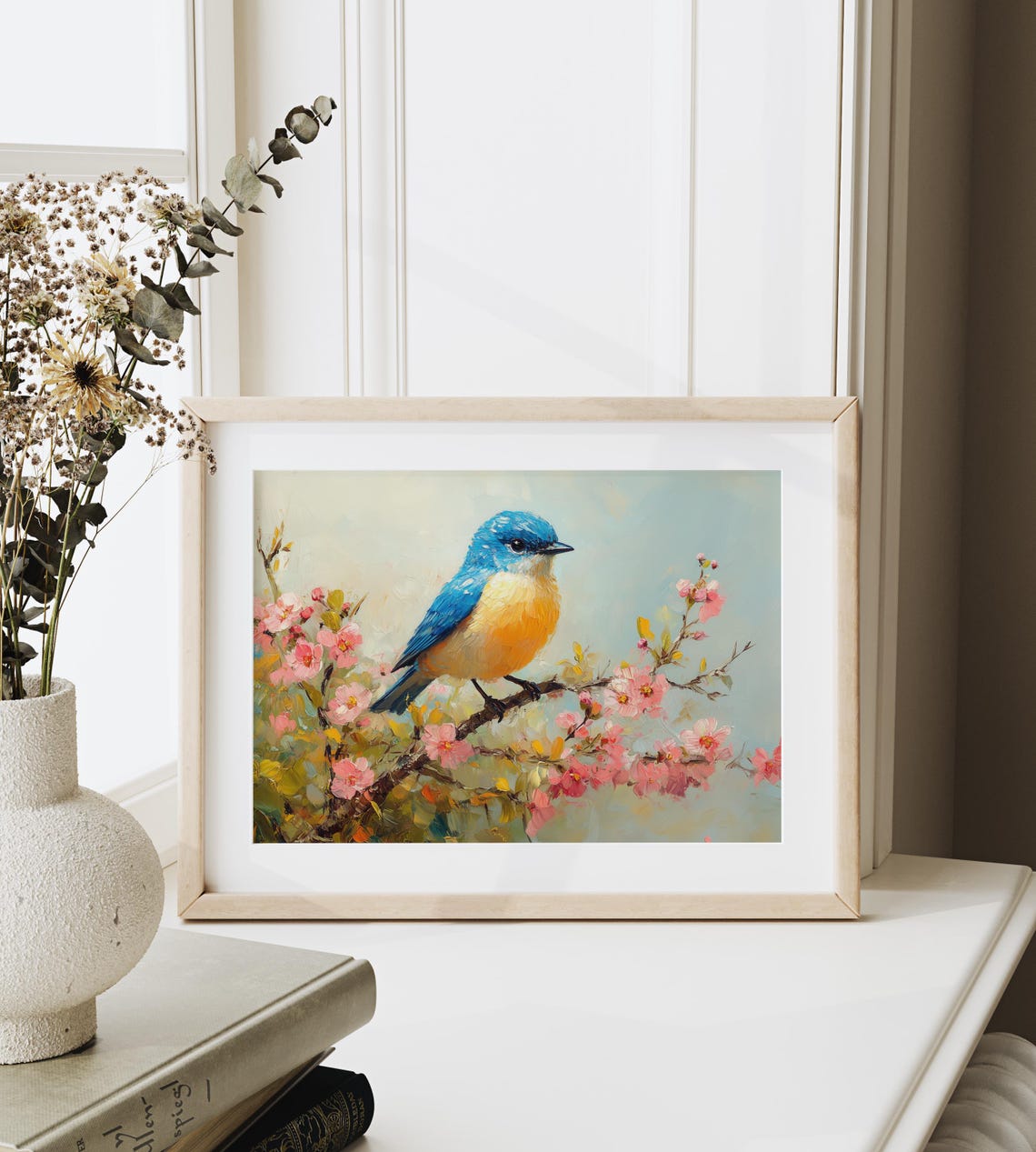Radiant Bluebird Among Cherry Blooms Soft Blue Sky Spring Poster - Image 3