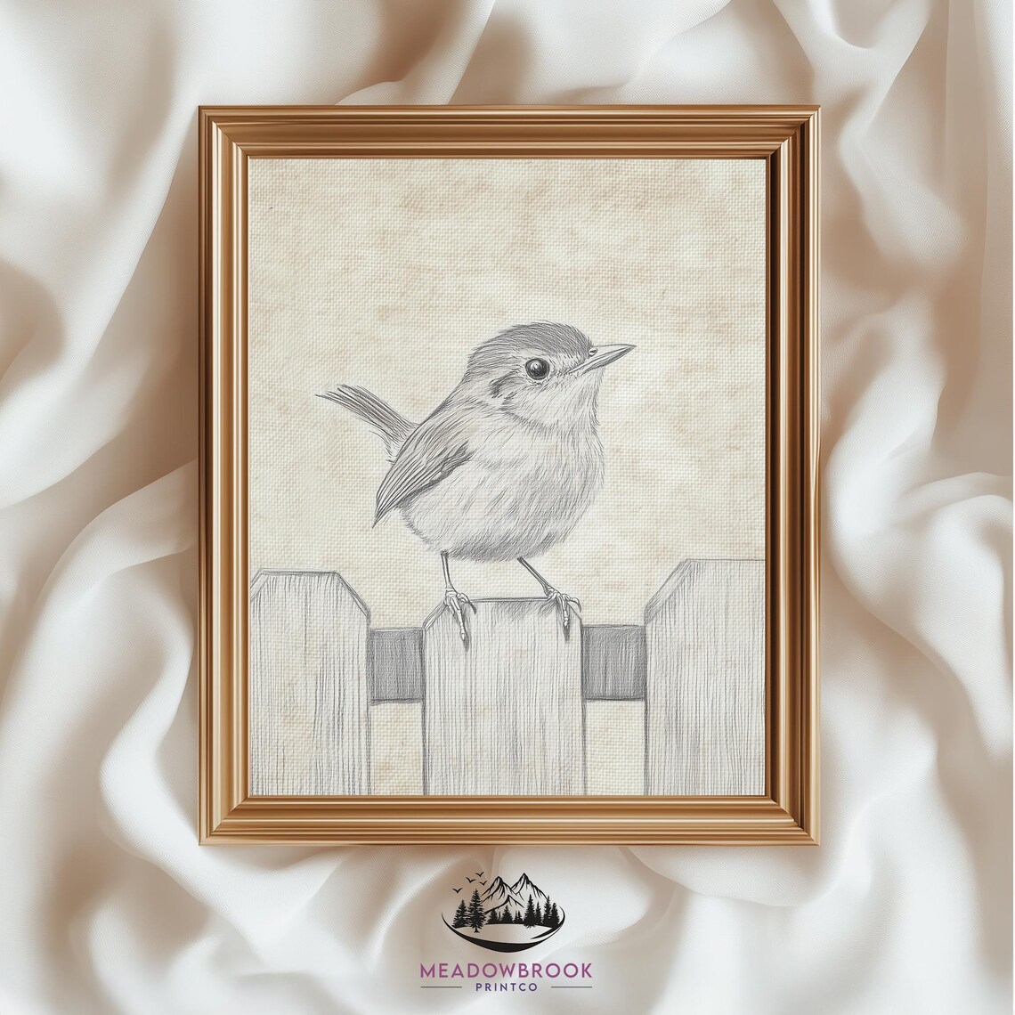 Little Bird On Garden Fence Pencil Sketch Rustic Bird Art Print Poster