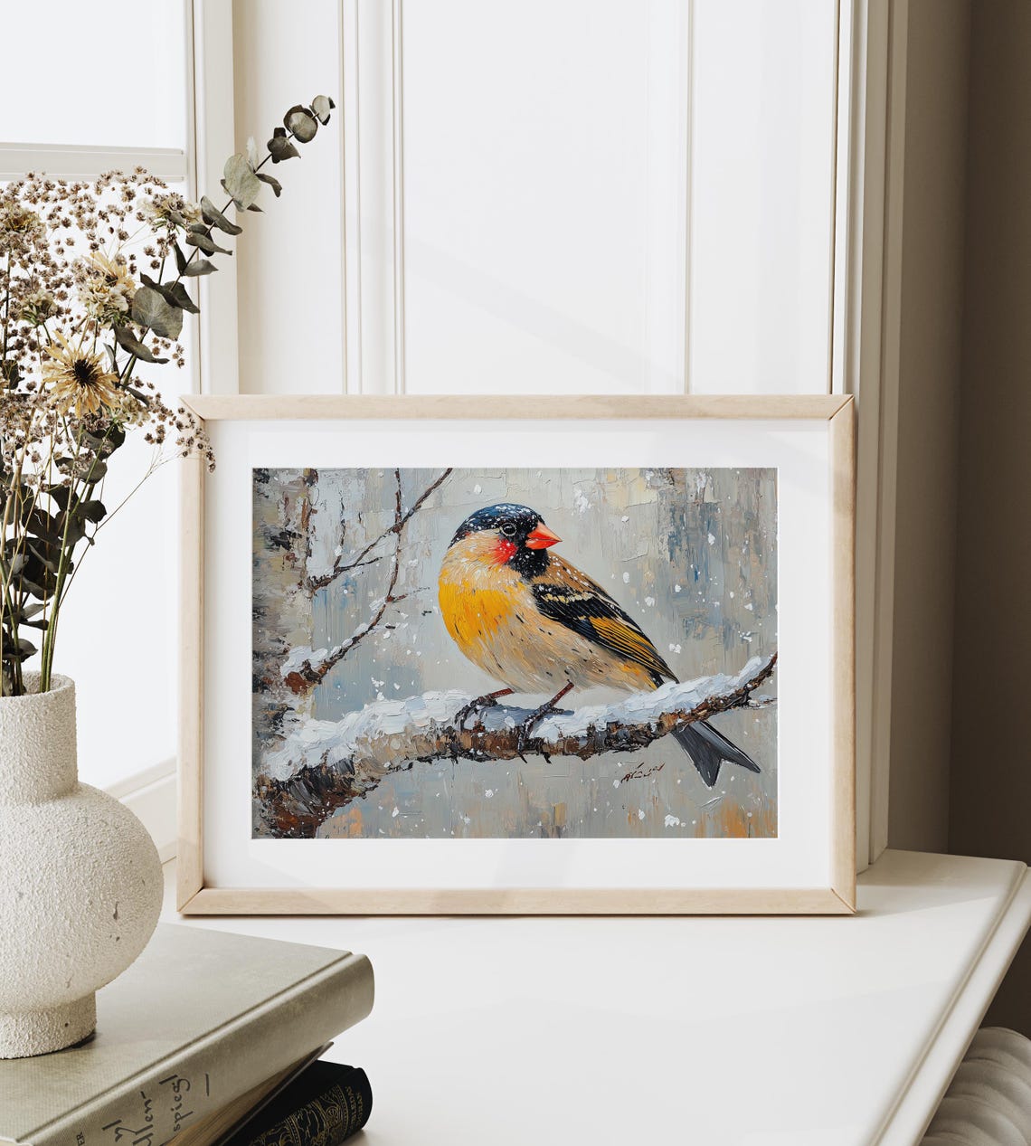 Goldfinch On Snow Covered Branch Soft Winter Morning Bird Poster - Image 3