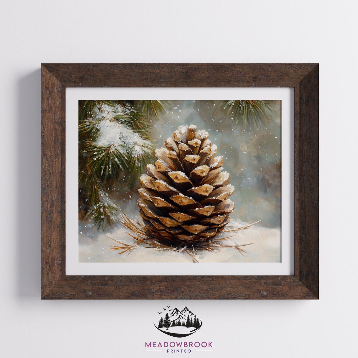 Vintage Snow Dusted Pinecone On Winter Forest Floor Painting Print - Image 2