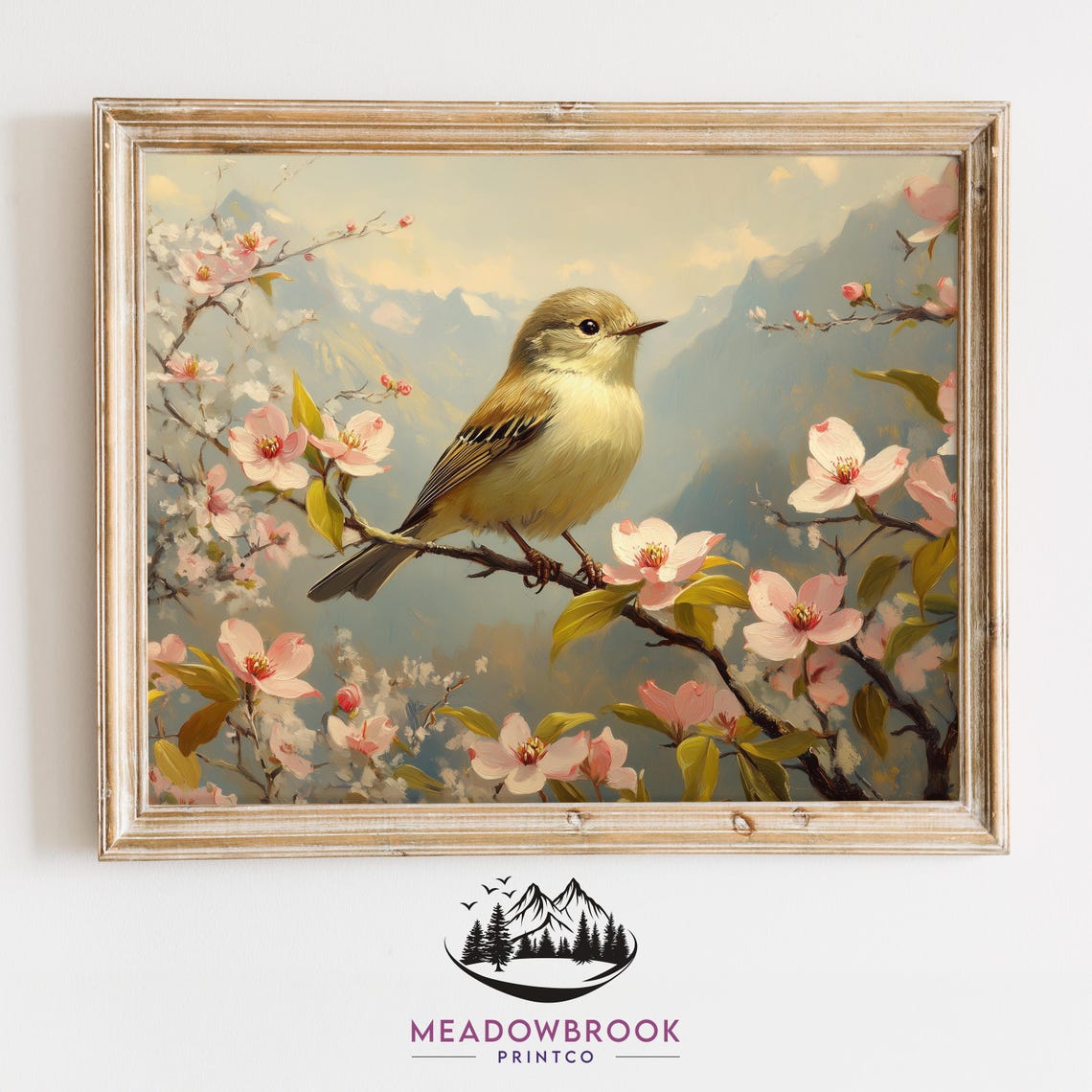 Kinglet Bird on Cherry Blossom Branch With Hazy Mountain Spring Scene
