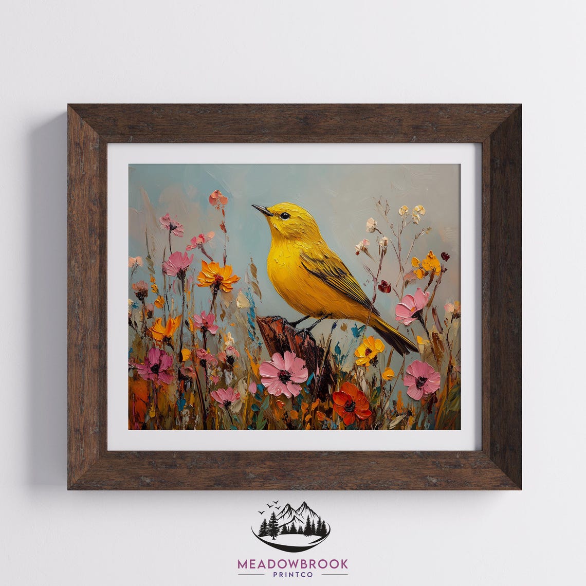 Yellow Warbler Bird on Post Among Colorful Cosmos Wildflowers Poster - Image 2