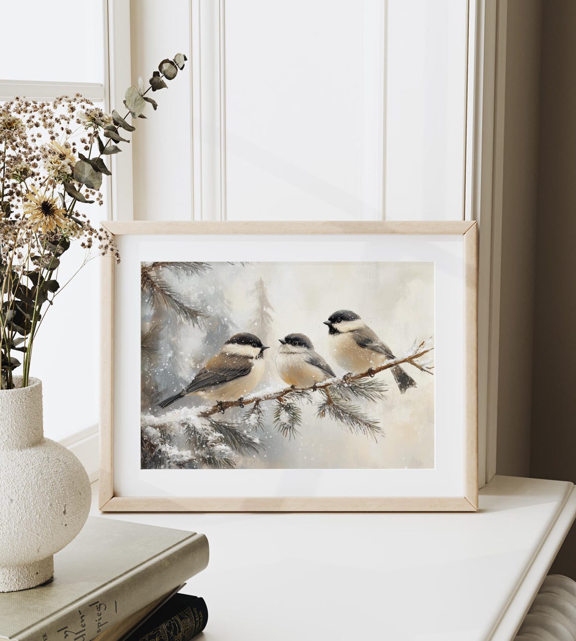 Three Chickadees On Snowy Pine Branch Winter Woodland Bird Art Poster - Image 3