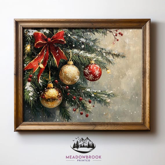 Rustic Christmas Tree Decorations, Vintage Holiday Art Print