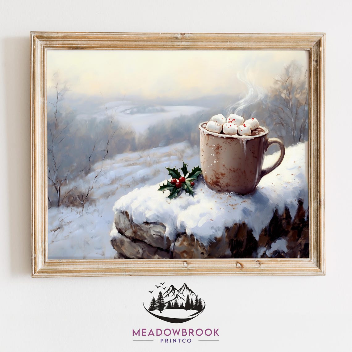 Hot Cocoa Marshmallow Mug On Snowy Rock With Holly Winter Scene Poster