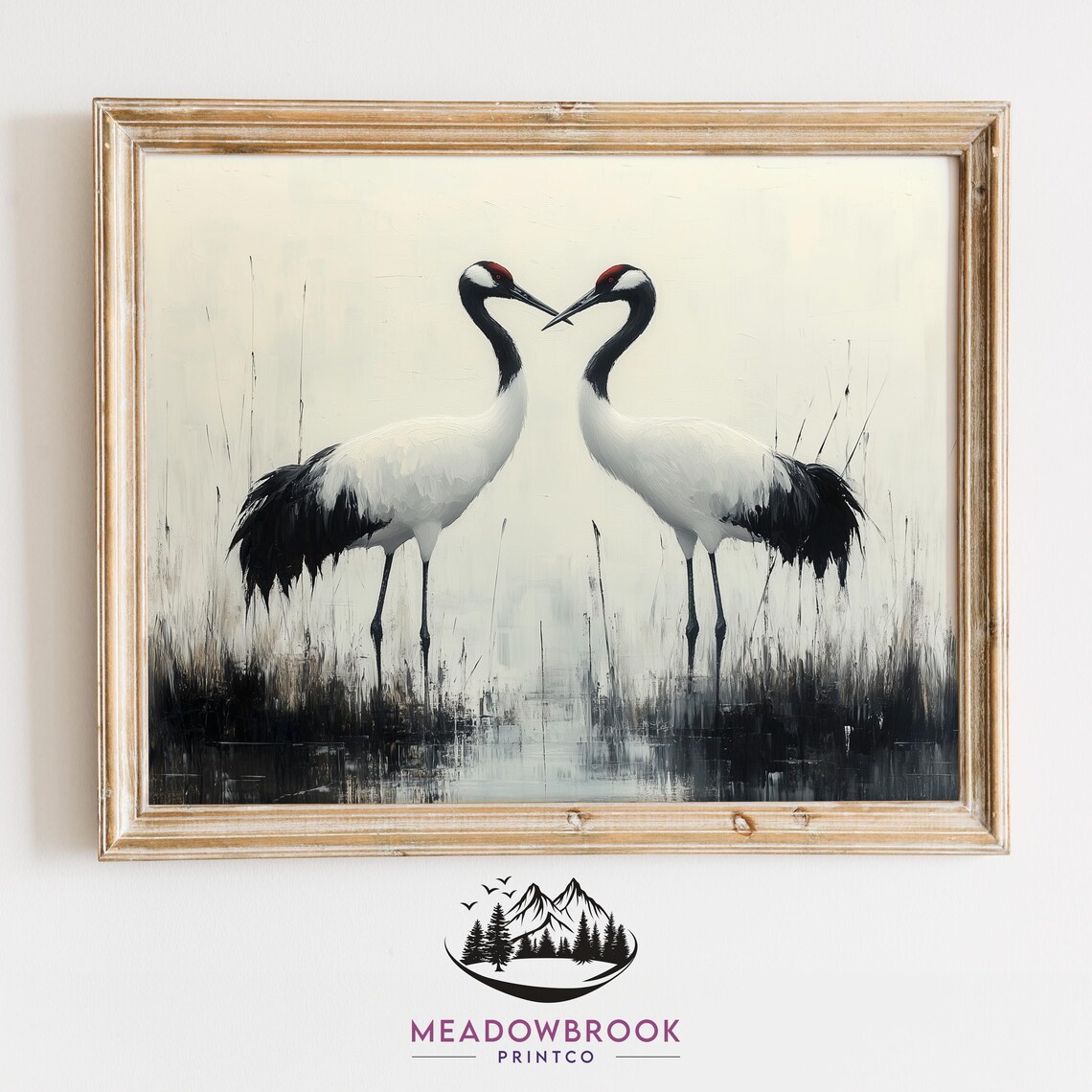 Pair Of Red Crowned Cranes Minimalist Japanese Ink Style Art Poster