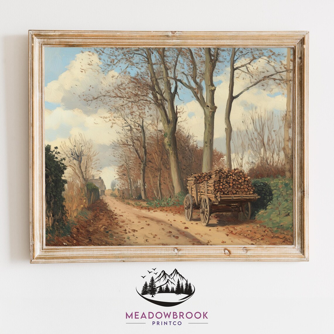 Rustic Firewood Cart On Country Road Vintage Autumn Painting Art Print
