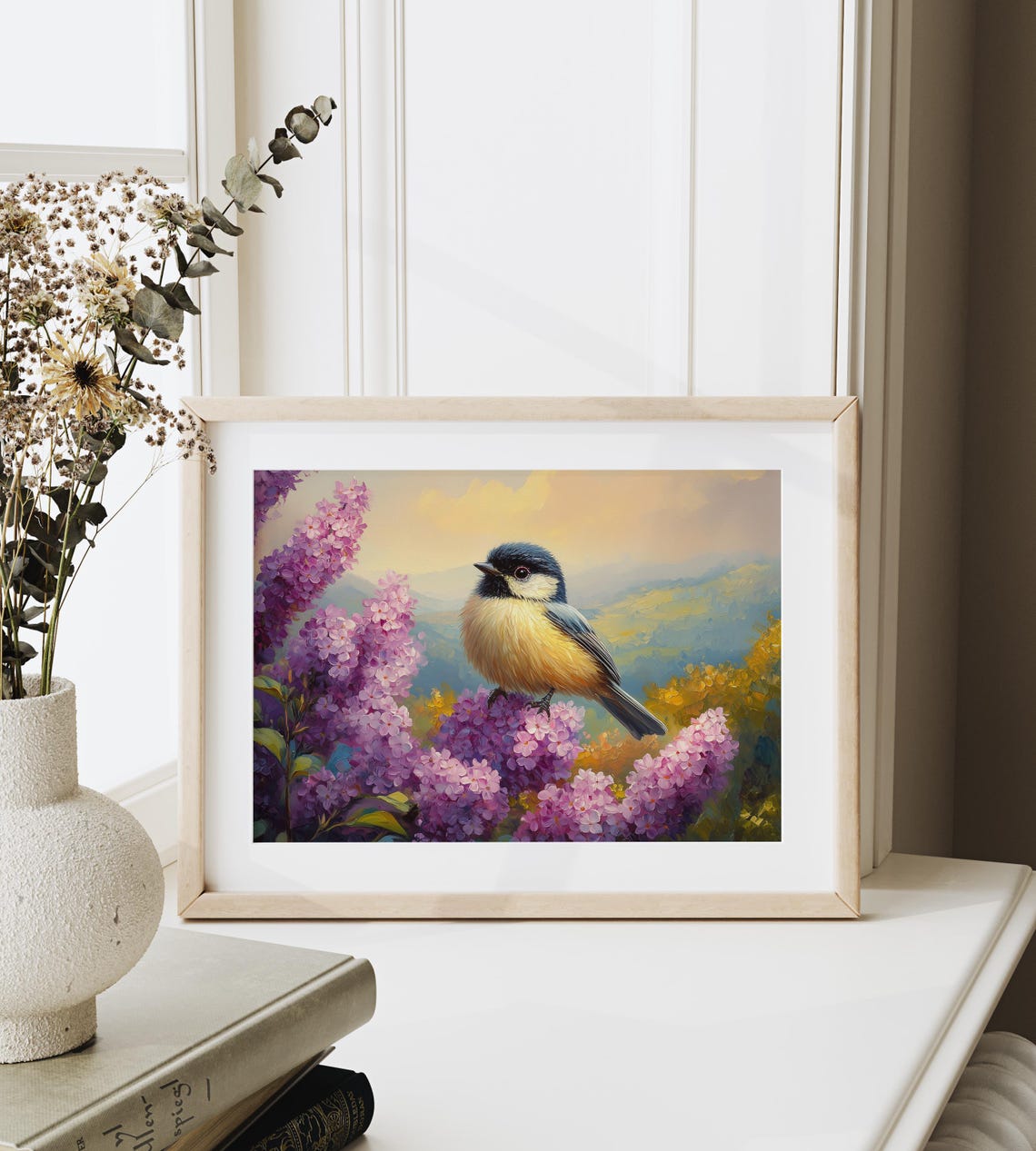 Chickadee Bird on Pink Lilac Blooms Golden Sunset Meadow Bird Poster - Image 3