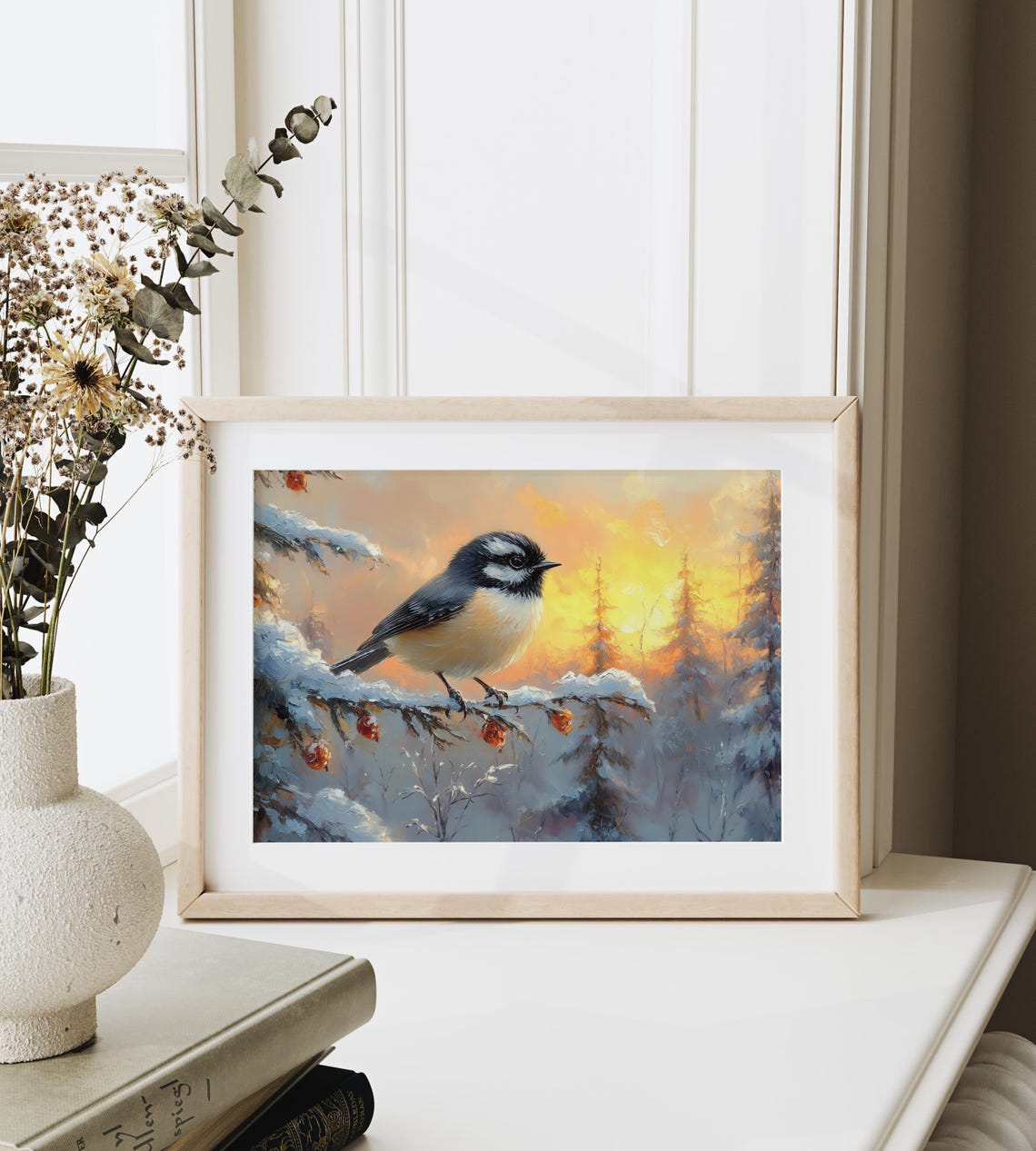 Chickadee On Icy Snowy Branch At Golden Winter Sunset Forest Poster - Image 3