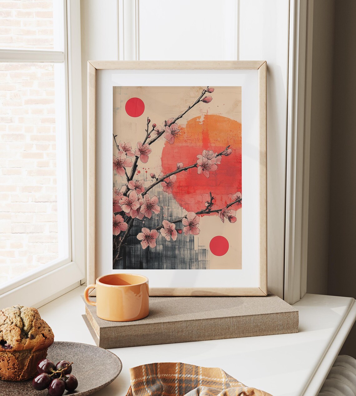 Abstract Cherry Blossom Branch Red Sun Japanese Style Art Poster - Image 3