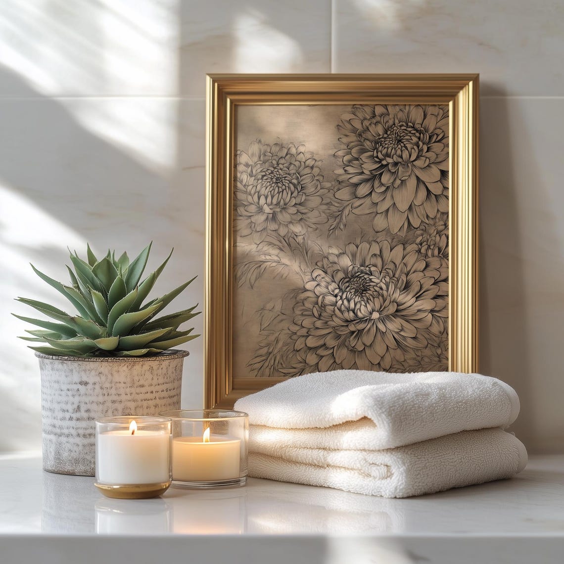 Chrysanthemum Pencil Sketch Rustic Botanical Burlap Art Print Poster - Image 3