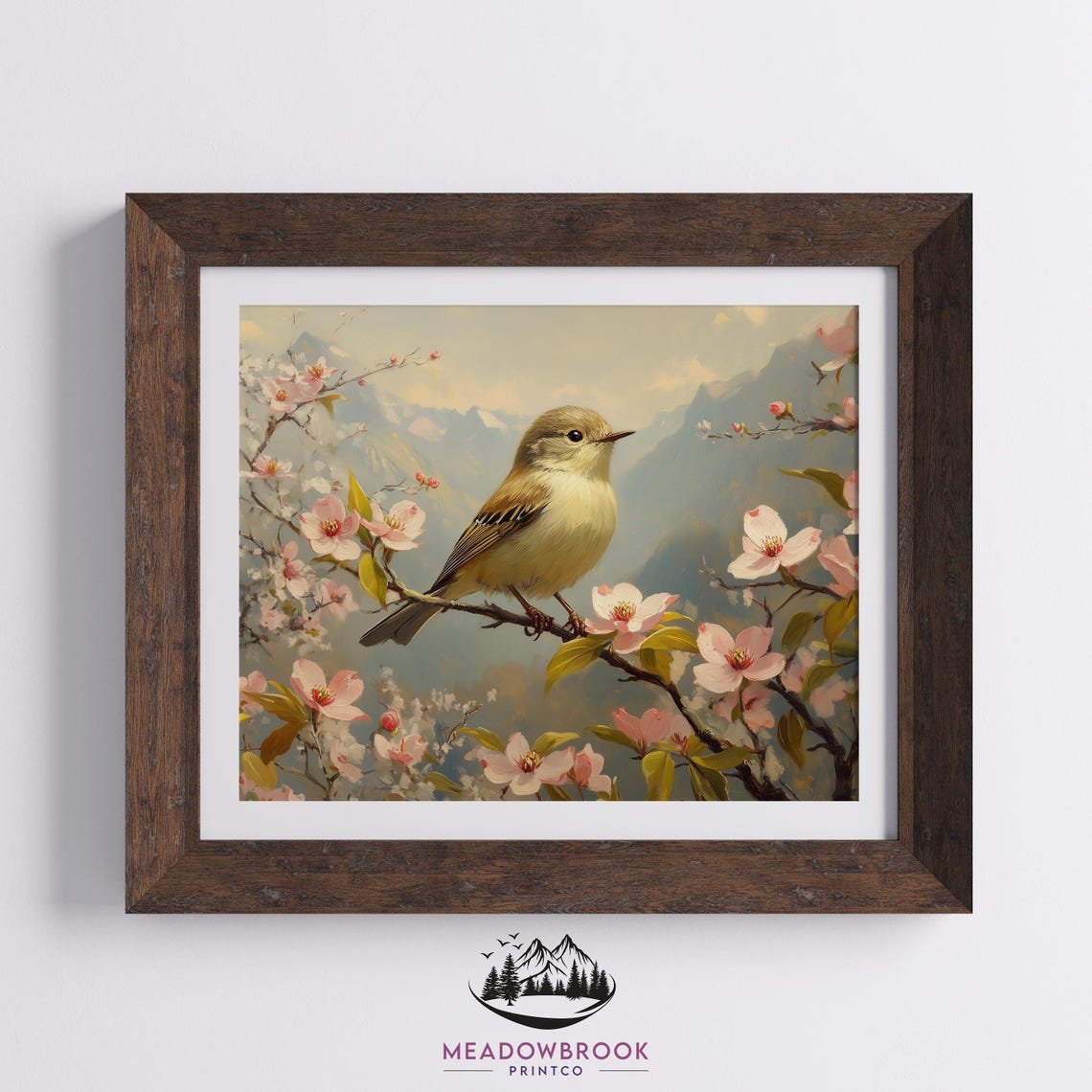 Kinglet Bird on Cherry Blossom Branch With Hazy Mountain Spring Scene - Image 2
