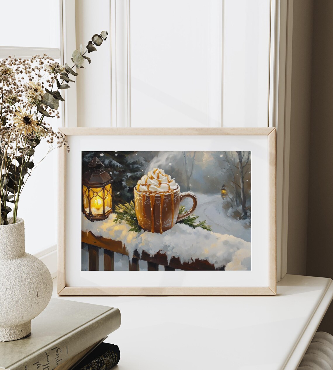 Hot Cocoa Mug With Lantern On Snowy Porch Winter Farmhouse Art Poster - Image 3