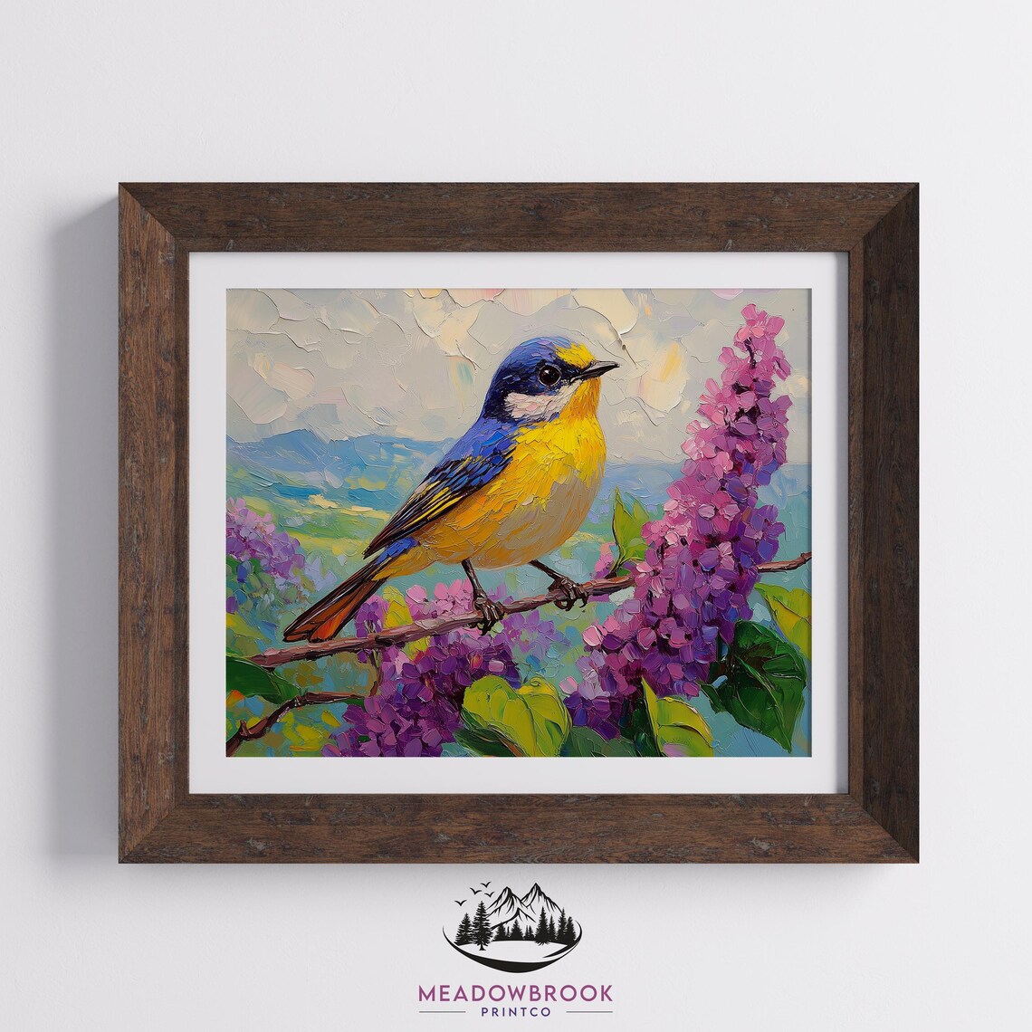 Blue Yellow Songbird Among Lilac Blooms Mountain View Art Poster - Image 2
