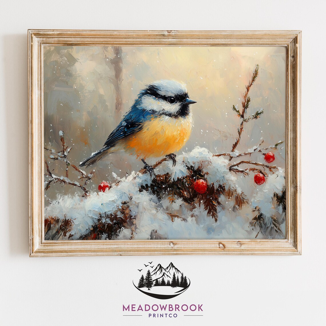 Blue Tit On Snowy Berry Branch Golden Winter Light Bird Art Poster