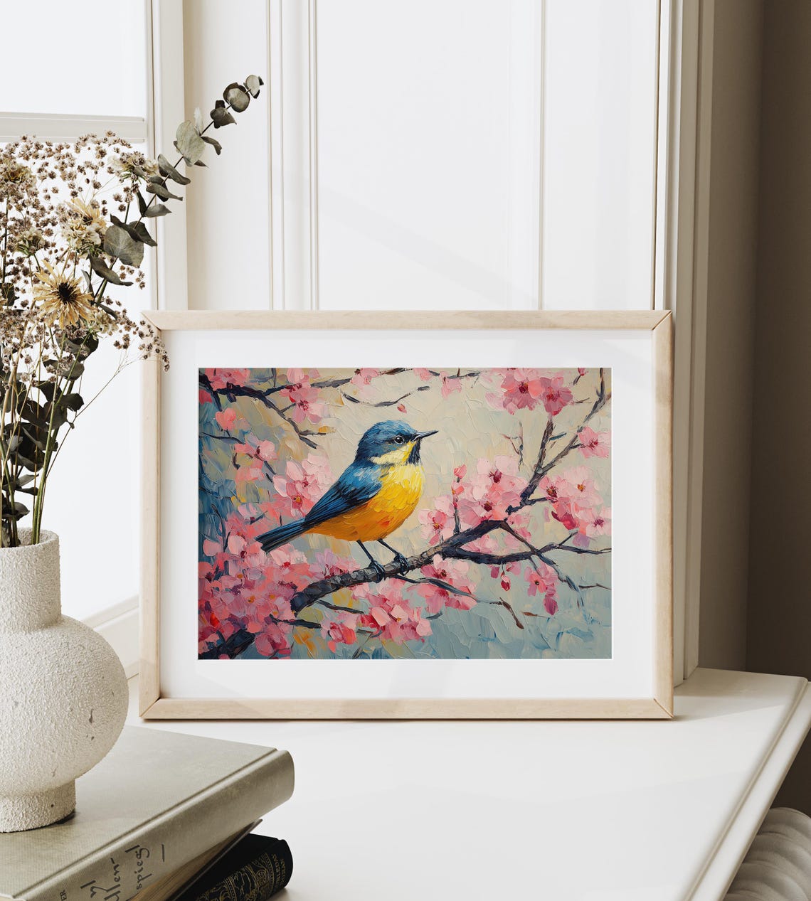 Blue Yellow Songbird In Blossoming Canopy Pastel Spring Art Poster - Image 3