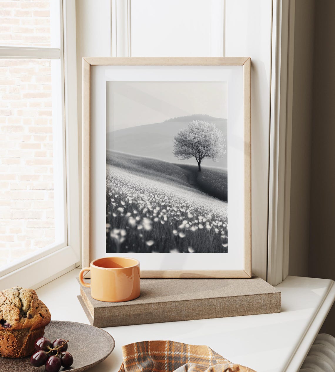 Lone Blooming Tree Black And White Minimalist Hillside Photo Poster - Image 3