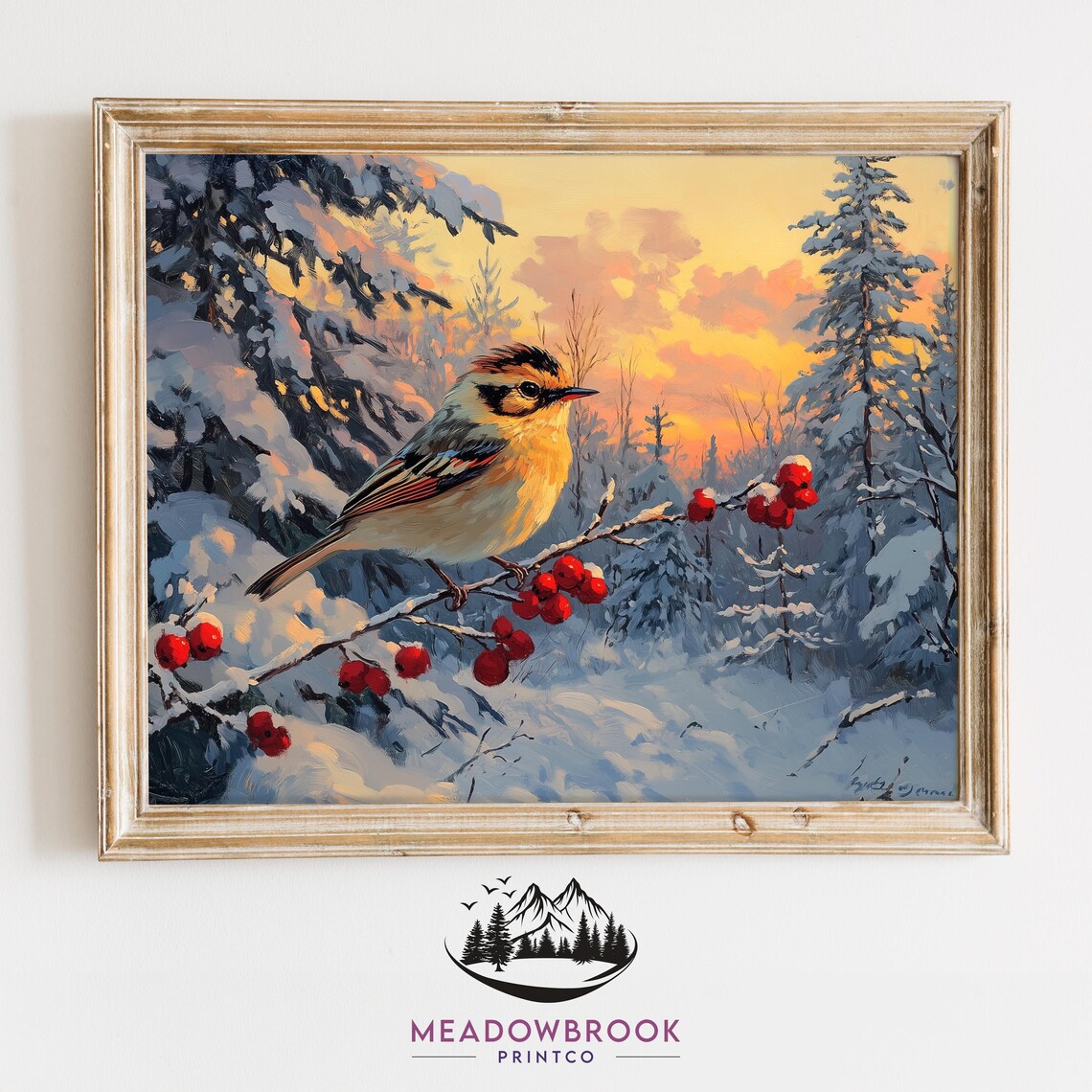 Songbird On Red Berry Branch Sunset Winter Snow Forest Bird Poster