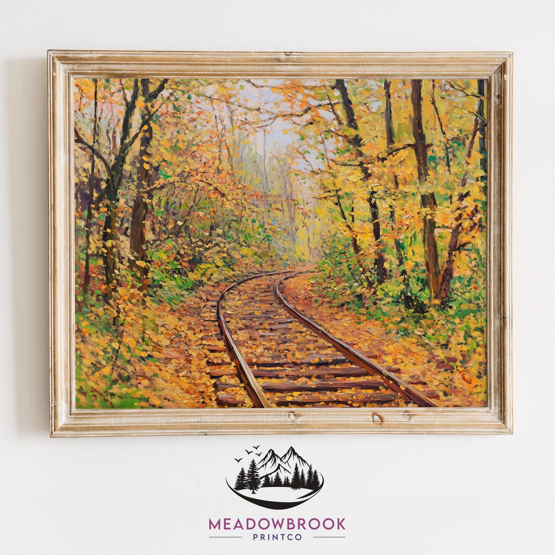 Old Railway Line Curving Through Dense Golden Autumn Forest Fall Print
