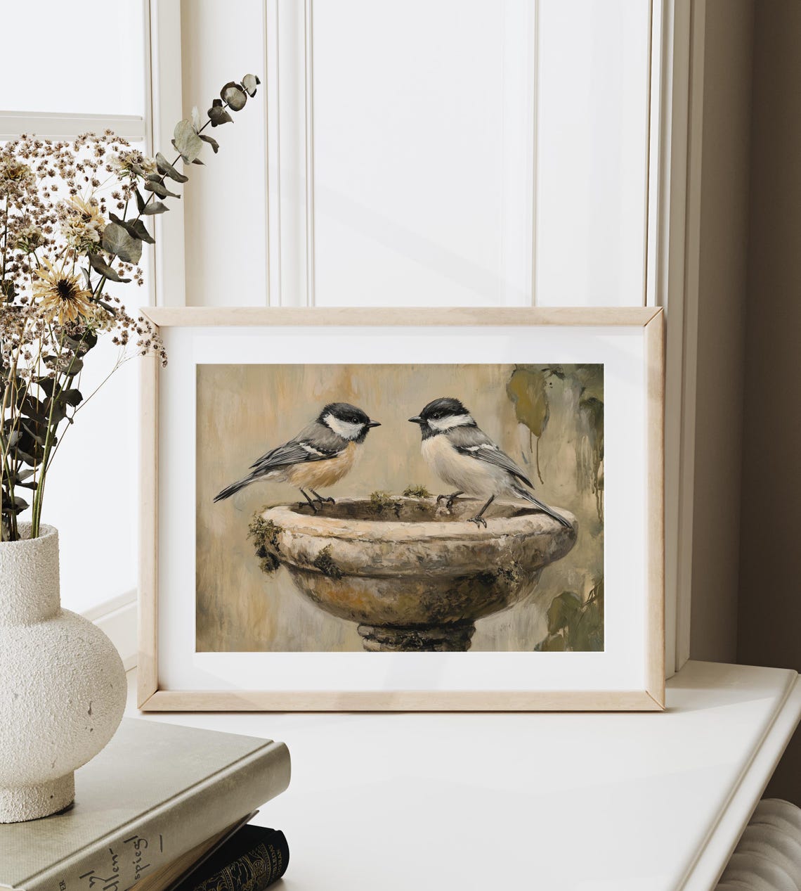 Two Chickadees On A Stone Birdbath Vintage Garden Bird Art Poster - Image 3