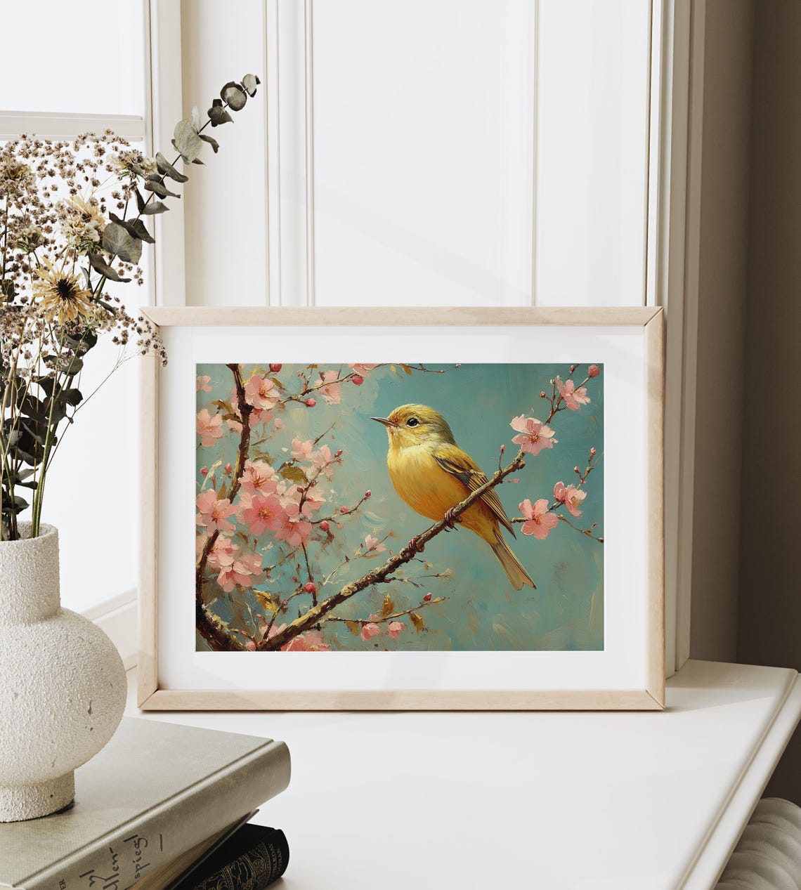 Goldcrest Bird on Pink Cherry Blossom Branch Against Calm Teal Sky Art - Image 3