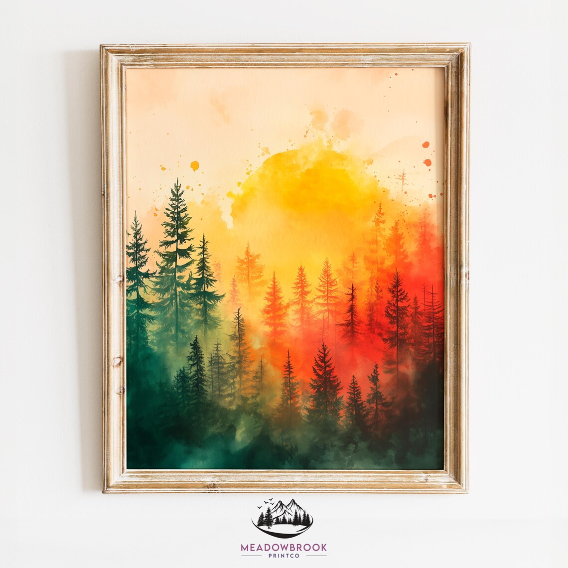 Golden Sunset Pine Forest Glow Warm Watercolor Autumn Art Poster