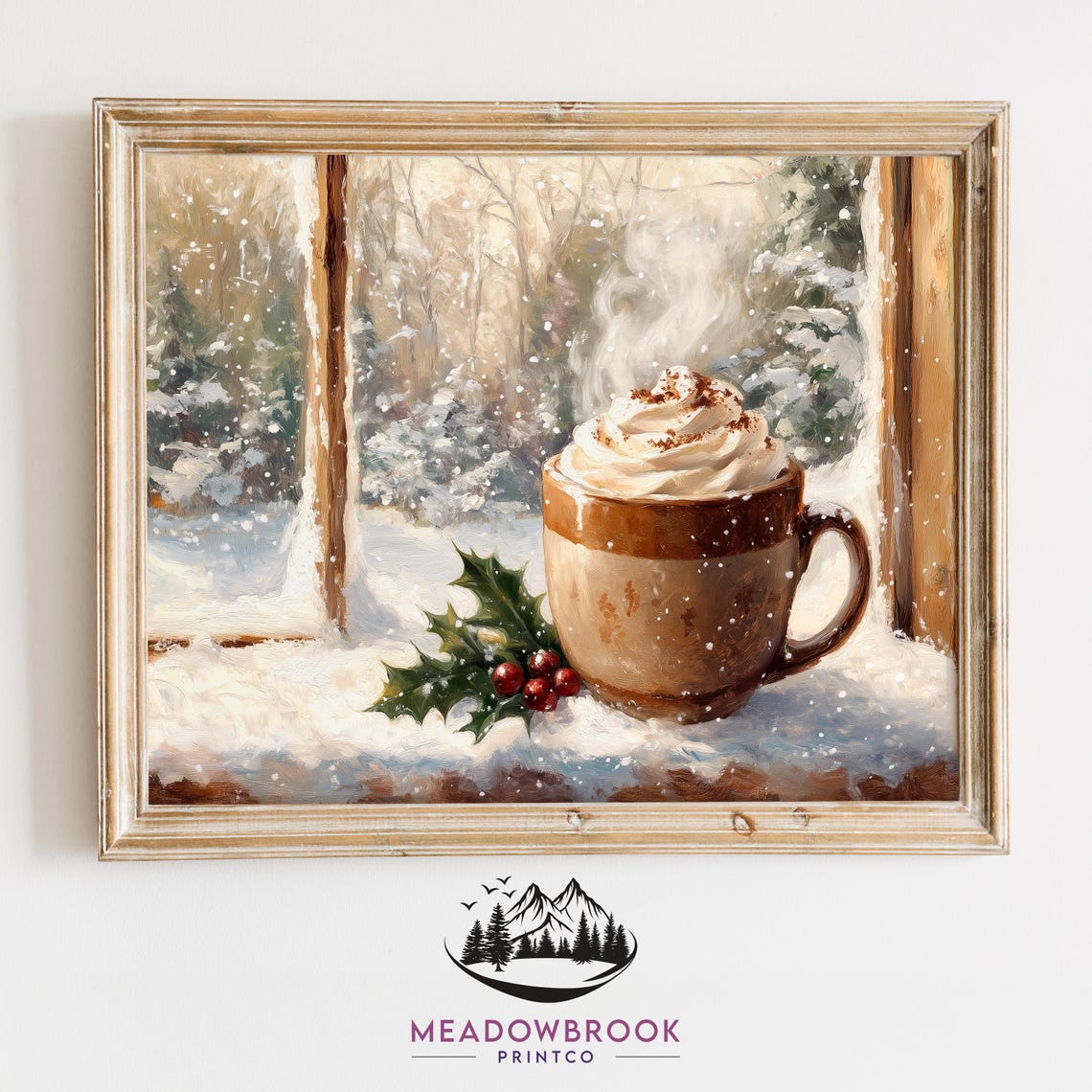 Steaming Cocoa Mug On Snowy Windowsill With Holly Art Poster