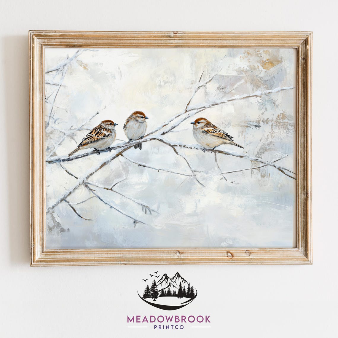 Three Sparrows On Icy Winter Branches Vintage Bird Painting Print