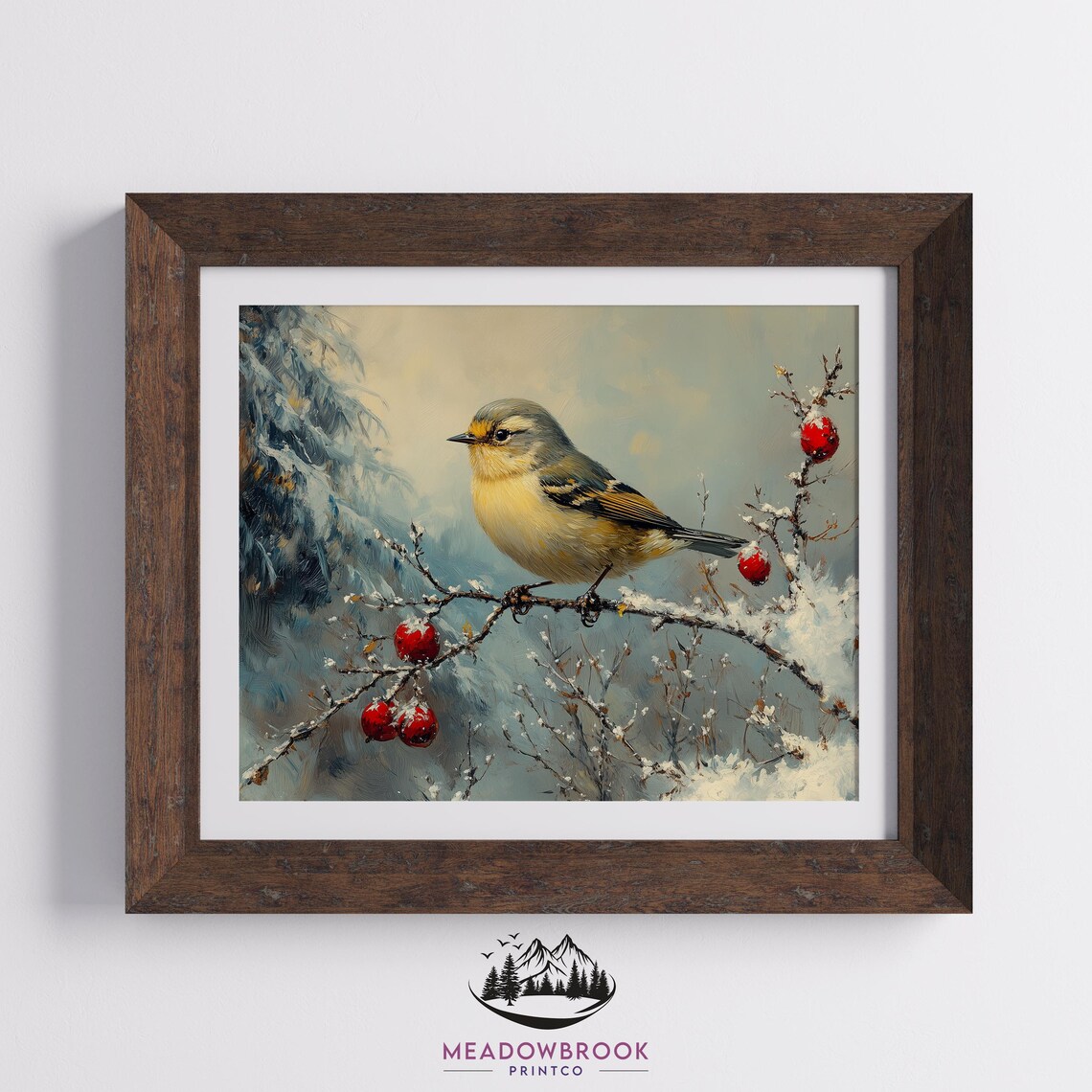 Little Goldfinch On Snowy Branch With Red Crabapples Winter Art Poster - Image 2