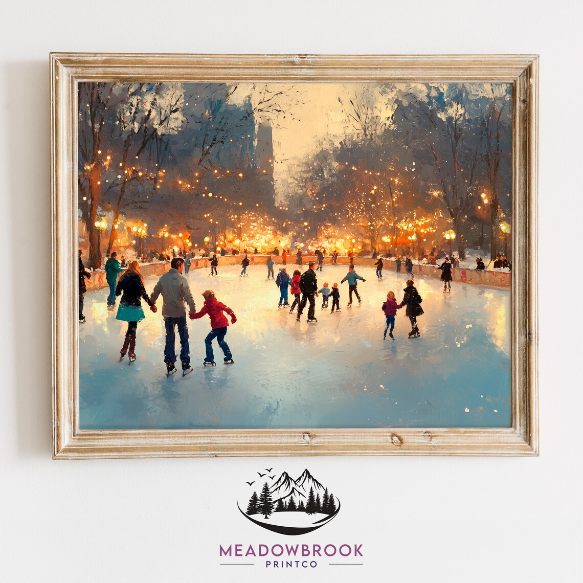Ice Skaters On A City Rink At Dusk Winter Christmas Scene Art Poster