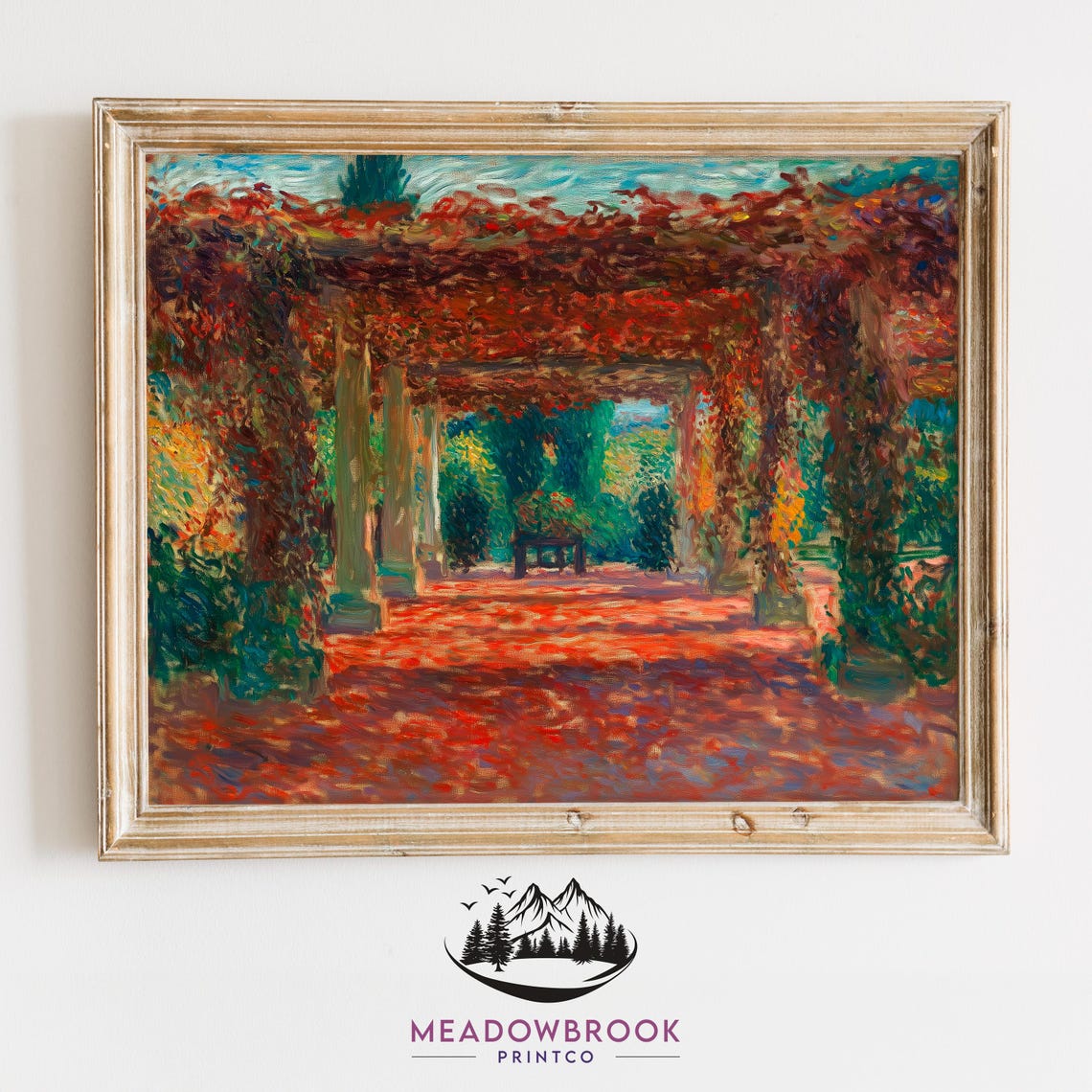 Red Autumn Pergola Vine Covered Walkway Impressionist Garden Art Print